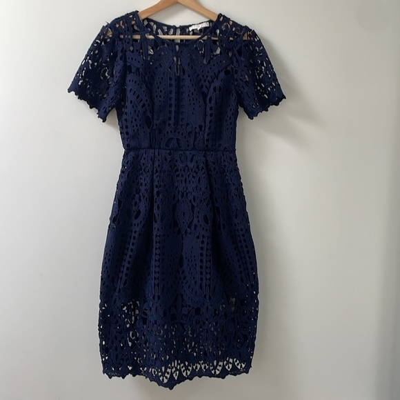 Anthropologie ERI + ALI Lattice Lace Navy Blue Fit N’ Flare Dress shortsleeve XS - Picture 6 of 16